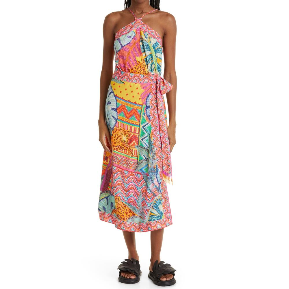 Farm Rio Wrap Midi Dress M Multicolor Summer Tapestry Tropical